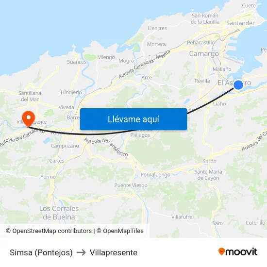 Simsa (Pontejos) to Villapresente map