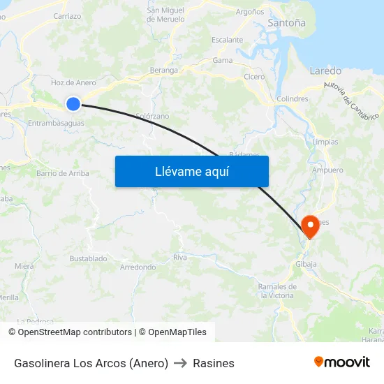 Gasolinera Los Arcos (Anero) to Rasines map