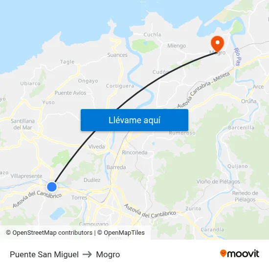 Puente San Miguel to Mogro map