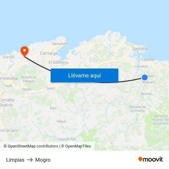 Limpias to Mogro map
