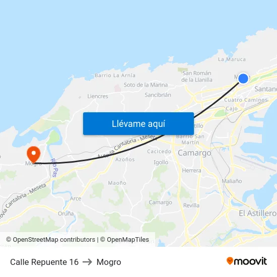 Calle Repuente 16 to Mogro map