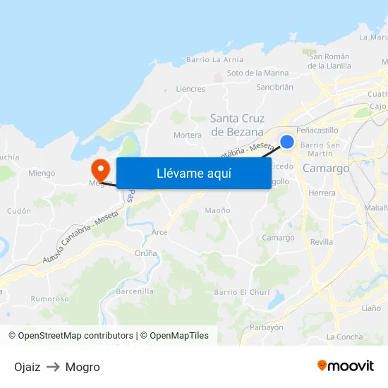 Ojaiz to Mogro map