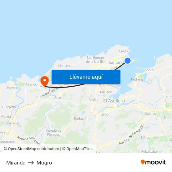 Miranda to Mogro map