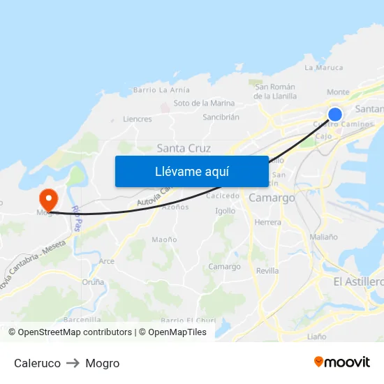 Caleruco to Mogro map