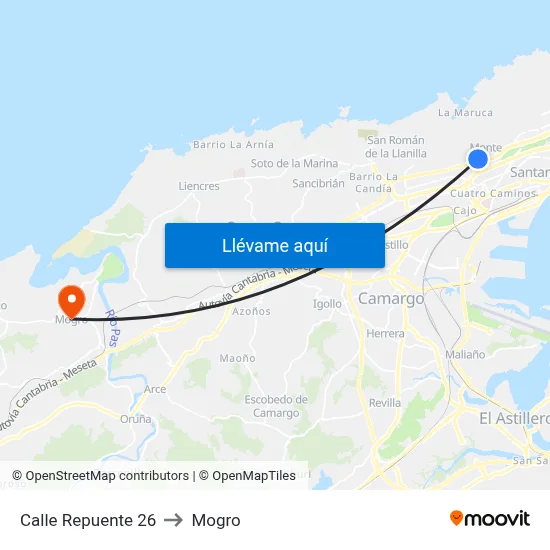 Calle Repuente 26 to Mogro map