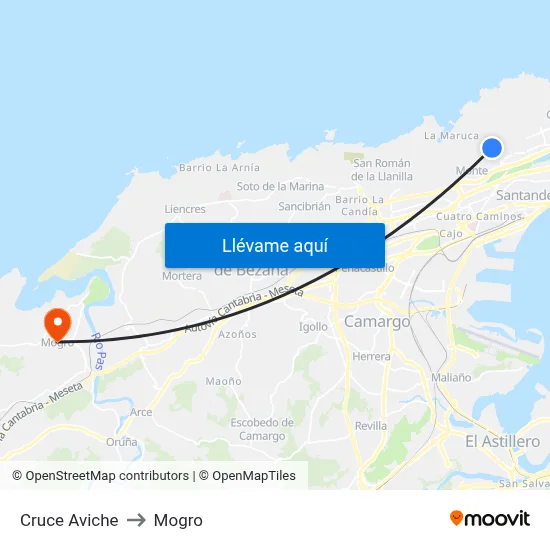 Cruce Aviche to Mogro map