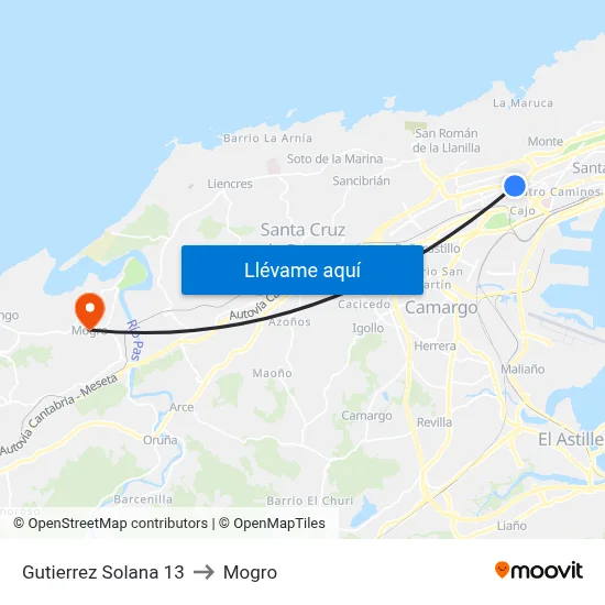 Gutierrez Solana 13 to Mogro map