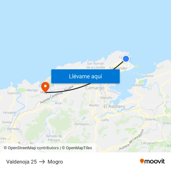 Valdenoja 25 to Mogro map