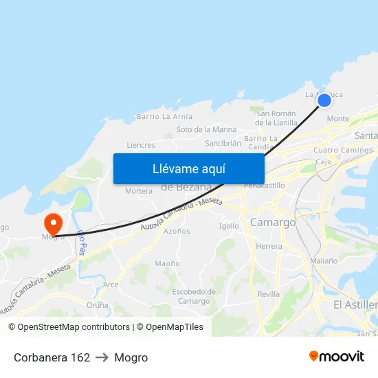 Corbanera 162 to Mogro map