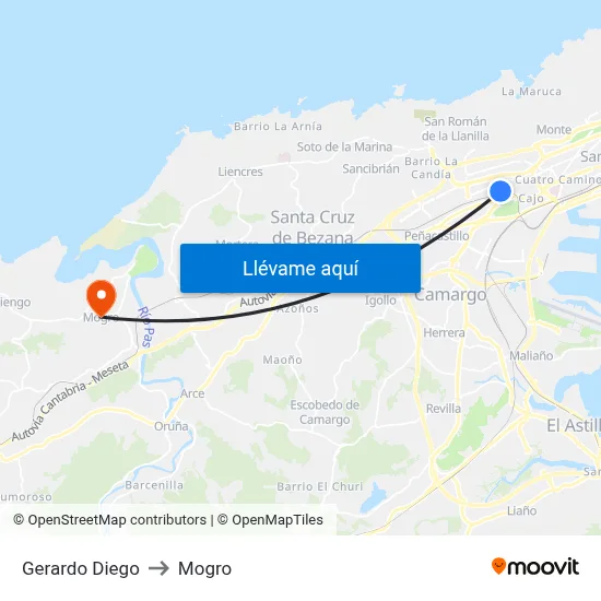 Gerardo Diego to Mogro map