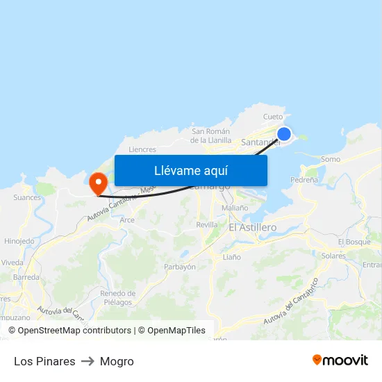 Los Pinares to Mogro map