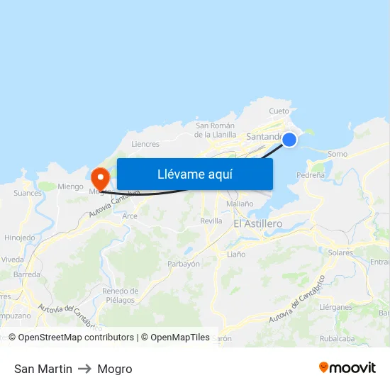 San Martin to Mogro map