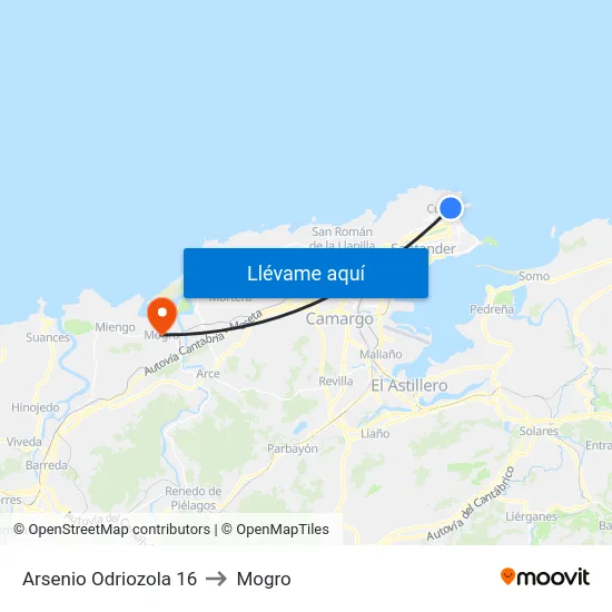 Arsenio Odriozola 16 to Mogro map