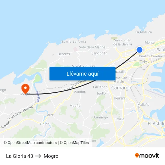 La Gloria 43 to Mogro map