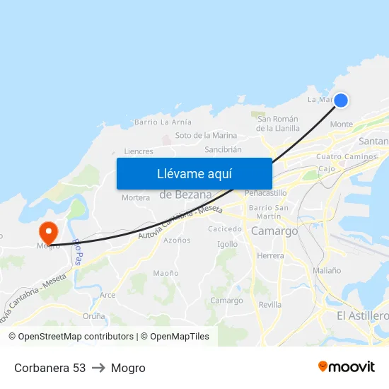 Corbanera 53 to Mogro map