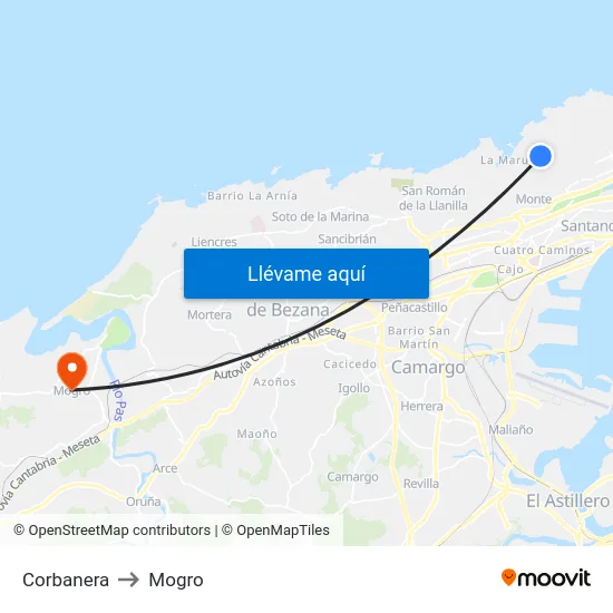 Corbanera to Mogro map