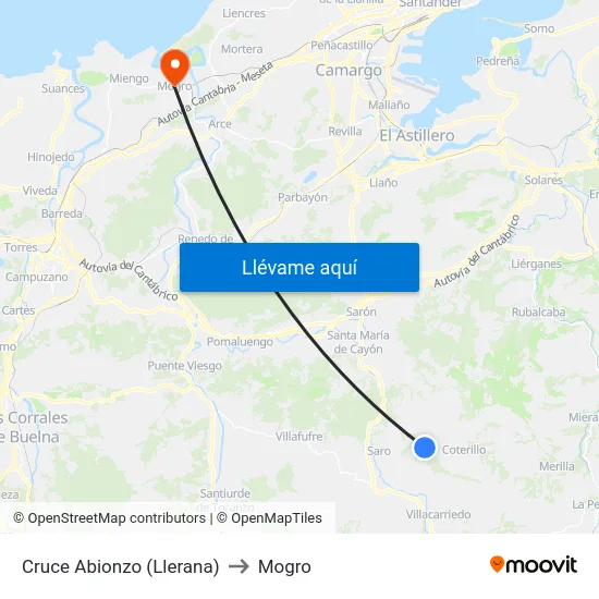 Cruce Abionzo (Llerana) to Mogro map