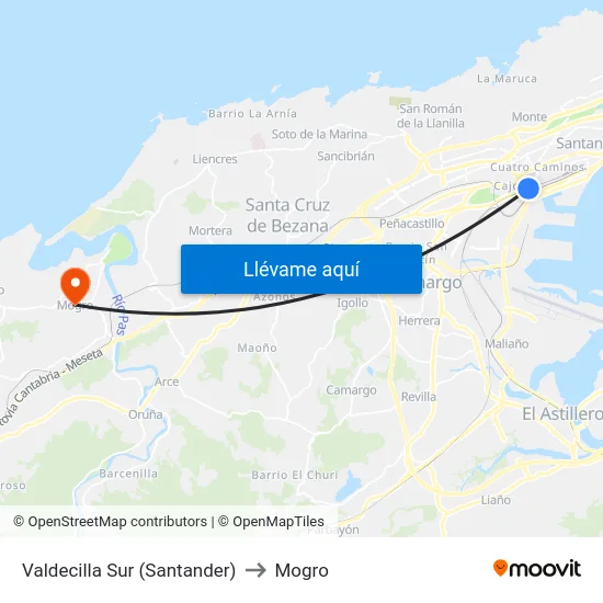 Valdecilla Sur (Santander) to Mogro map