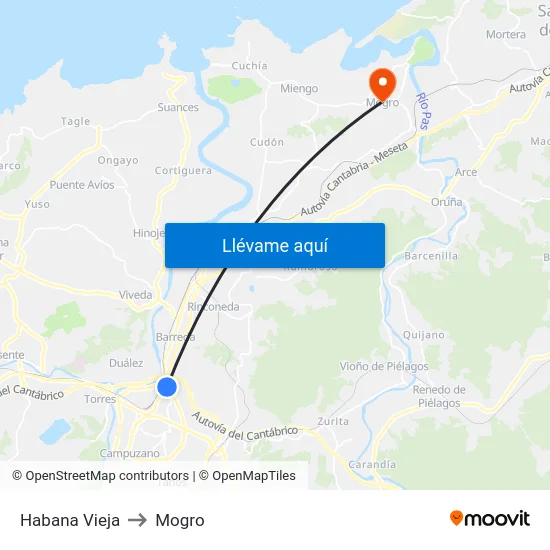 Habana Vieja to Mogro map