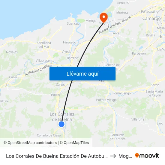 Los Corrales De Buelna Estación De Autobuses to Mogro map