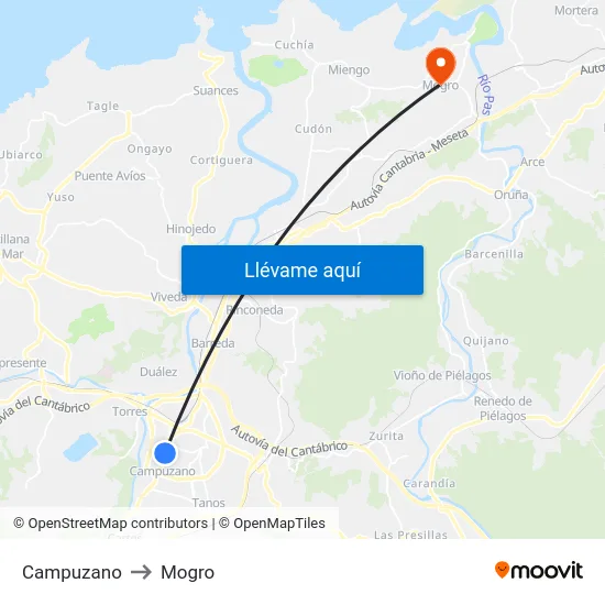 Campuzano to Mogro map