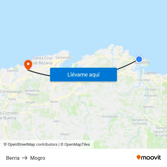 Berria to Mogro map