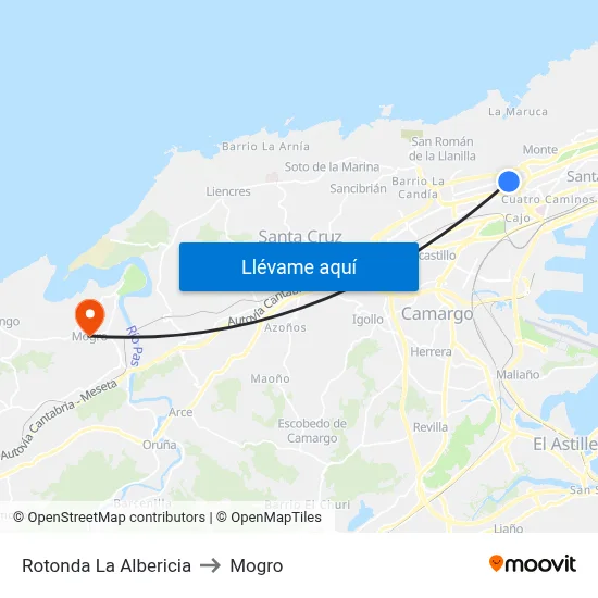 Rotonda La Albericia to Mogro map