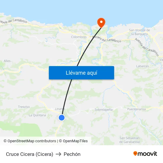 Cruce Cicera (Cicera) to Pechón map