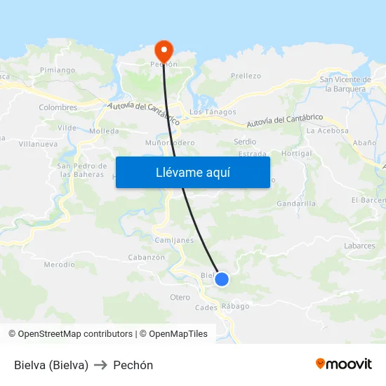 Bielva (Bielva) to Pechón map