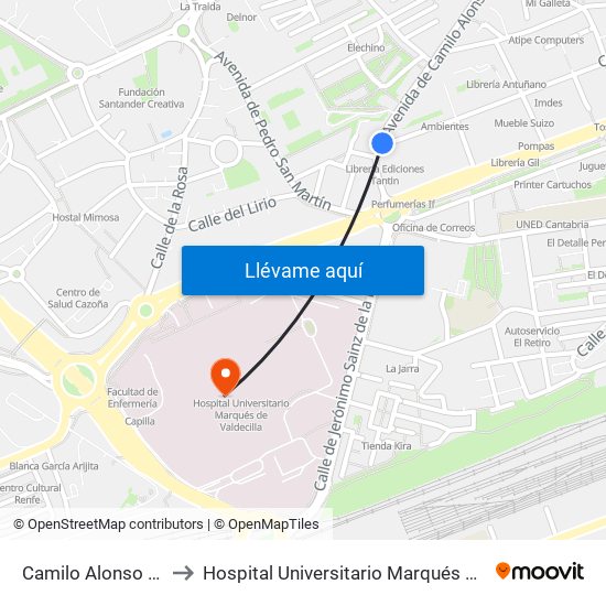 Camilo Alonso Vega 9 to Hospital Universitario Marqués De Valdecilla map