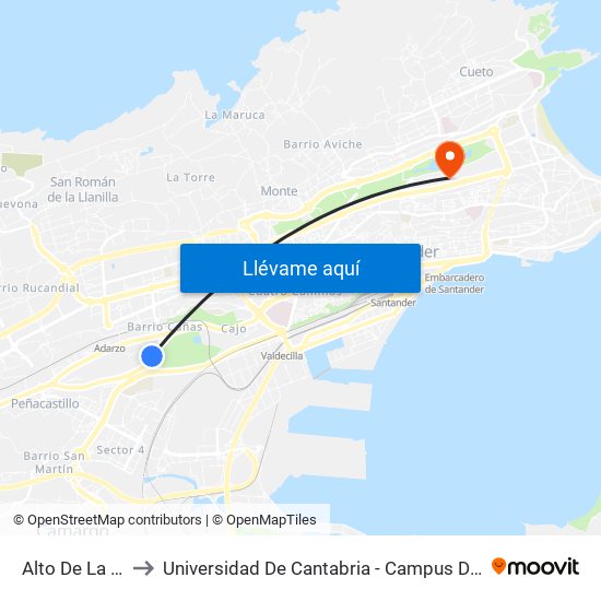 Alto De La Peña to Universidad De Cantabria - Campus De Santander map