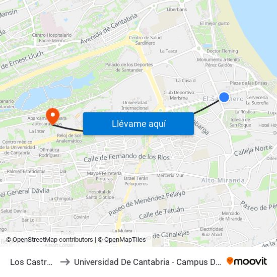 Los Castros 23 to Universidad De Cantabria - Campus De Santander map