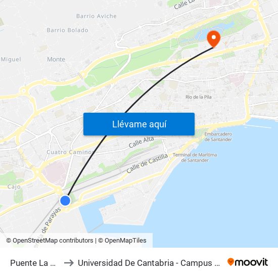 Puente La Marga to Universidad De Cantabria - Campus De Santander map