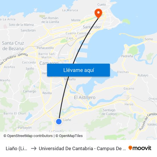 Liaño (Liaño) to Universidad De Cantabria - Campus De Santander map