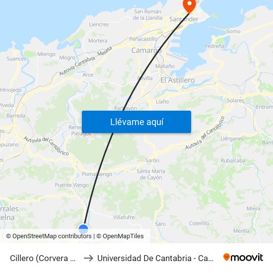 Cillero (Corvera De Toranzo) to Universidad De Cantabria - Campus De Santander map