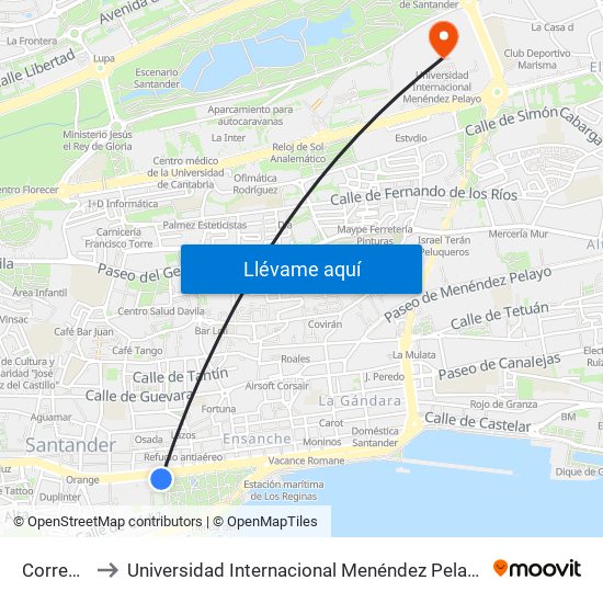 Correos to Universidad Internacional Menéndez Pelayo map