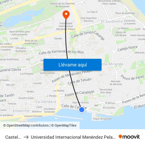 Castelar to Universidad Internacional Menéndez Pelayo map