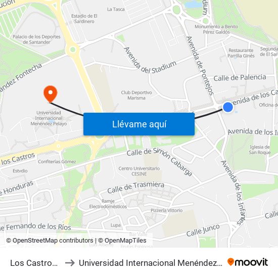 Los Castros 23 to Universidad Internacional Menéndez Pelayo map