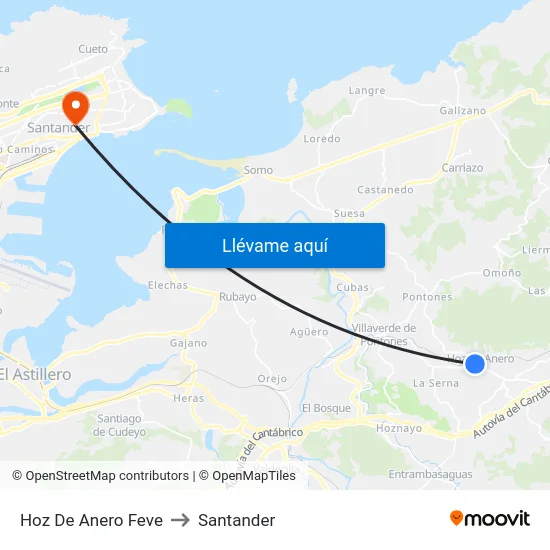 Hoz De Anero Feve to Santander map