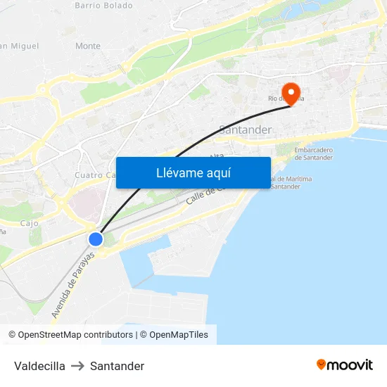 Valdecilla to Santander map