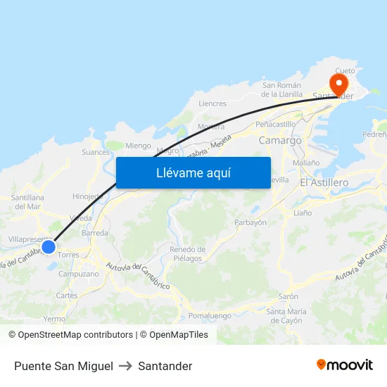 Puente San Miguel to Santander map
