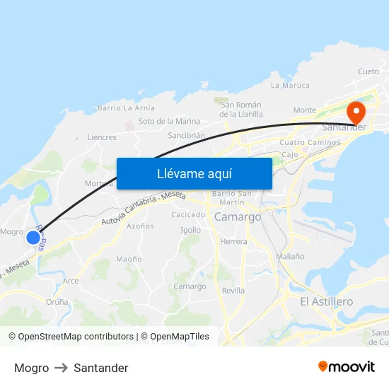 Mogro to Santander map