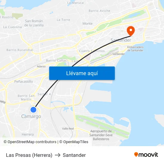 Las Presas (Herrera) to Santander map