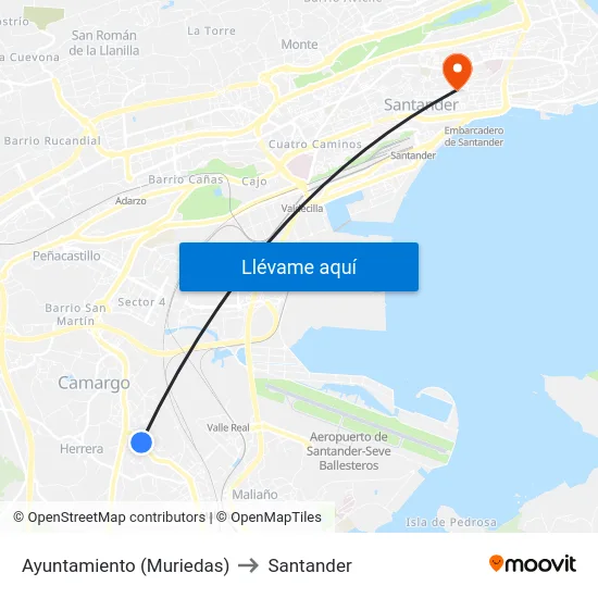 Ayuntamiento (Muriedas) to Santander map