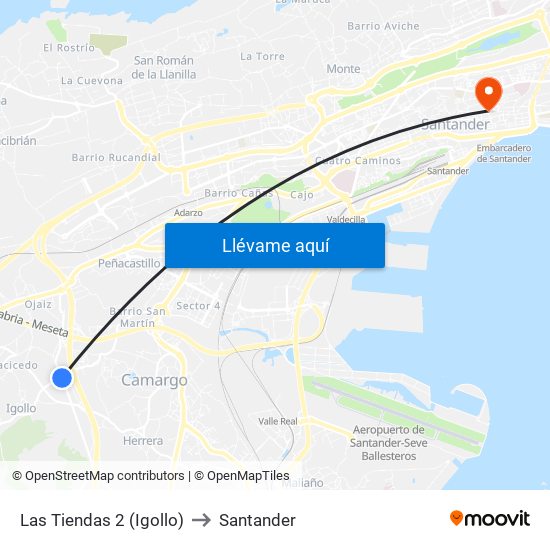 Las Tiendas 2 (Igollo) to Santander map