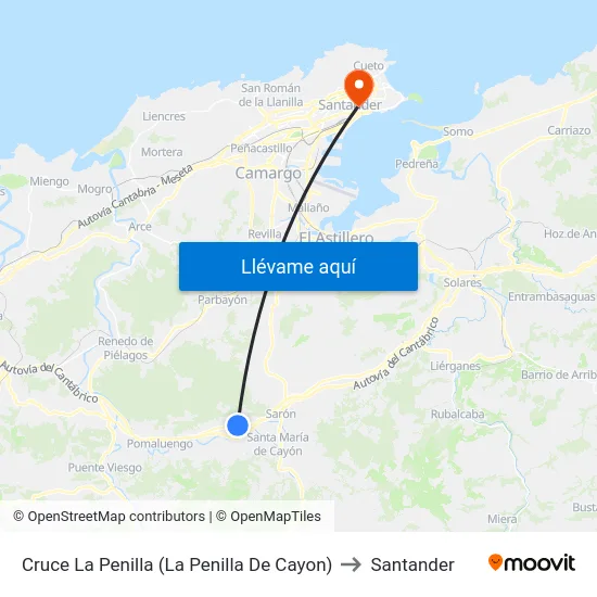 Cruce La Penilla (La Penilla De Cayon) to Santander map