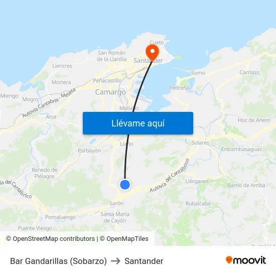 Bar Gandarillas (Sobarzo) to Santander map