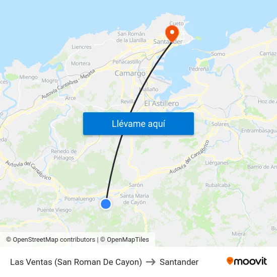 Las Ventas (San Roman De Cayon) to Santander map