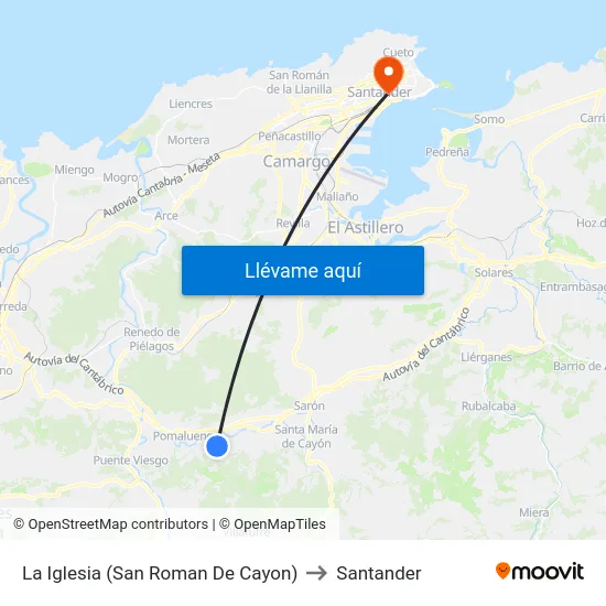 La Iglesia (San Roman De Cayon) to Santander map