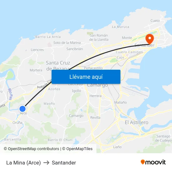 La Mina (Arce) to Santander map